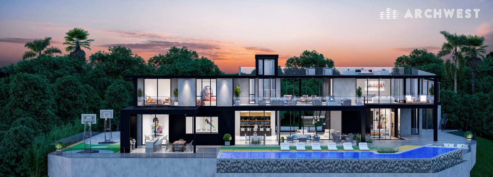 18. 3D Render in Dusk of a Luxurious Single Family House in California